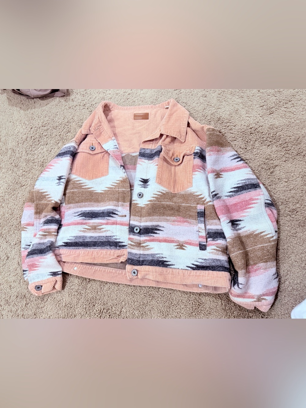 Umgee Pink Multi Aztec Corduroy Trim Jean Jacket